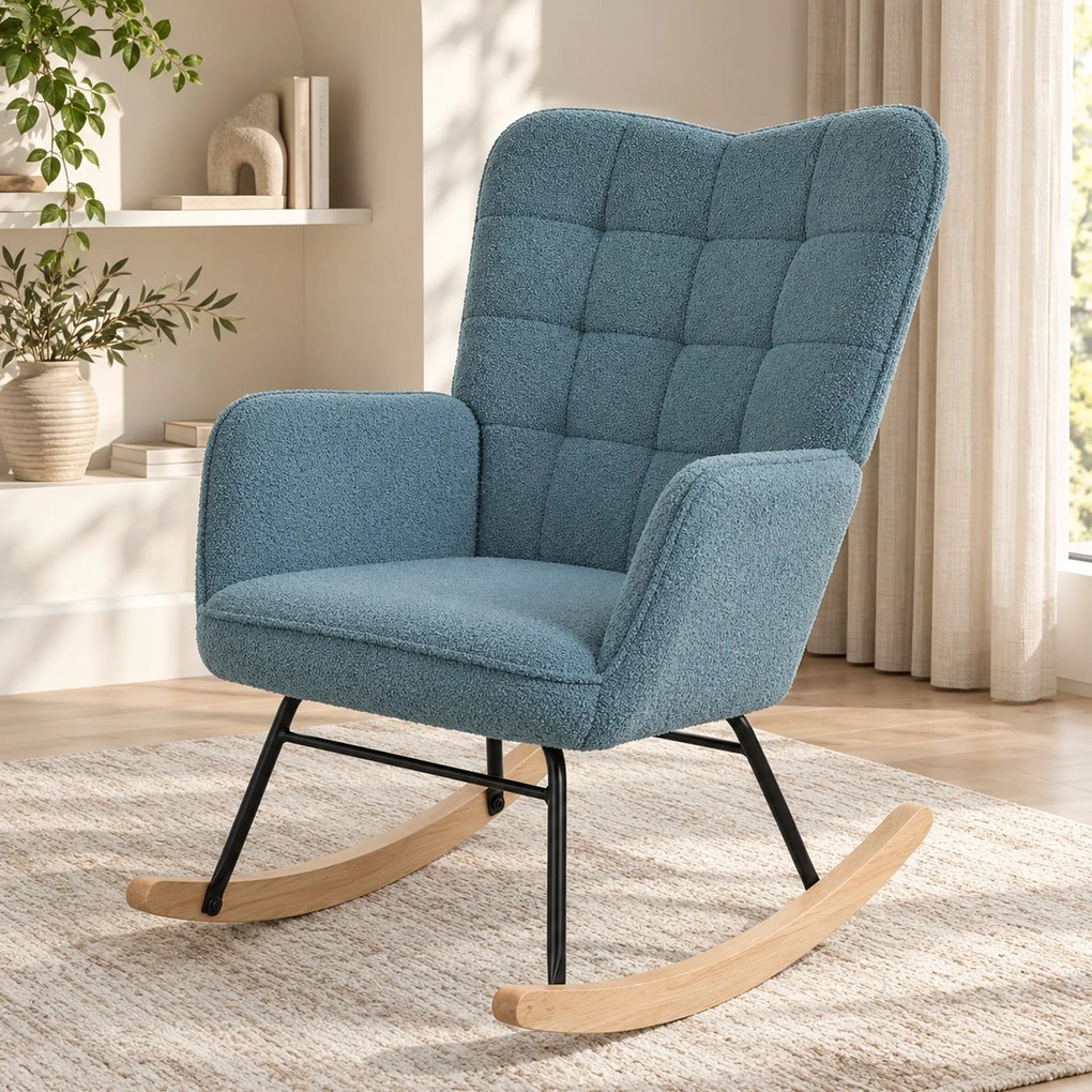 HOMCOM Fotel bujany ergonomiczny z drewnianymi płozami do 120 kg jasnoniebieski | Aosom PL