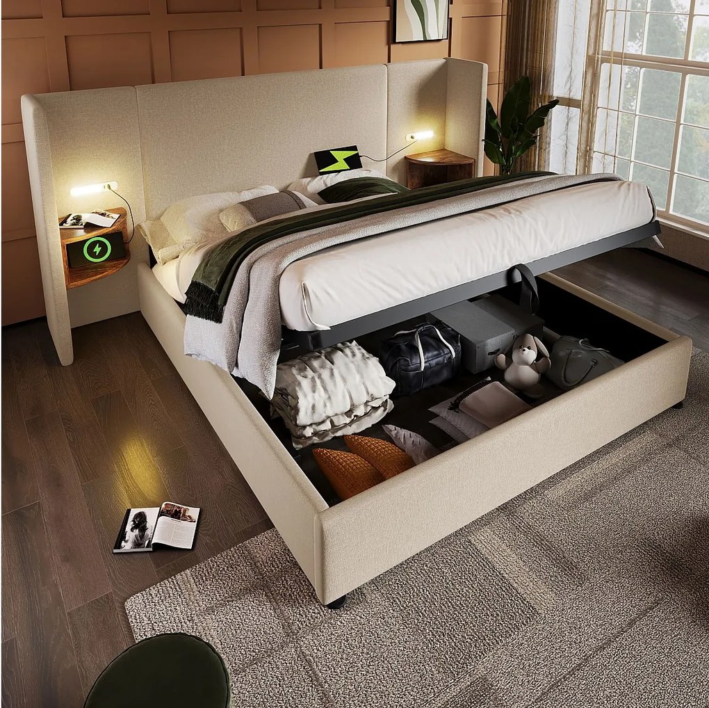 Łóżko z pojemnikiem 180x200 cm - z zagłówkiem, schowkiem, USB/Typ-C, na stelażu - len - beżowy - bez materaca