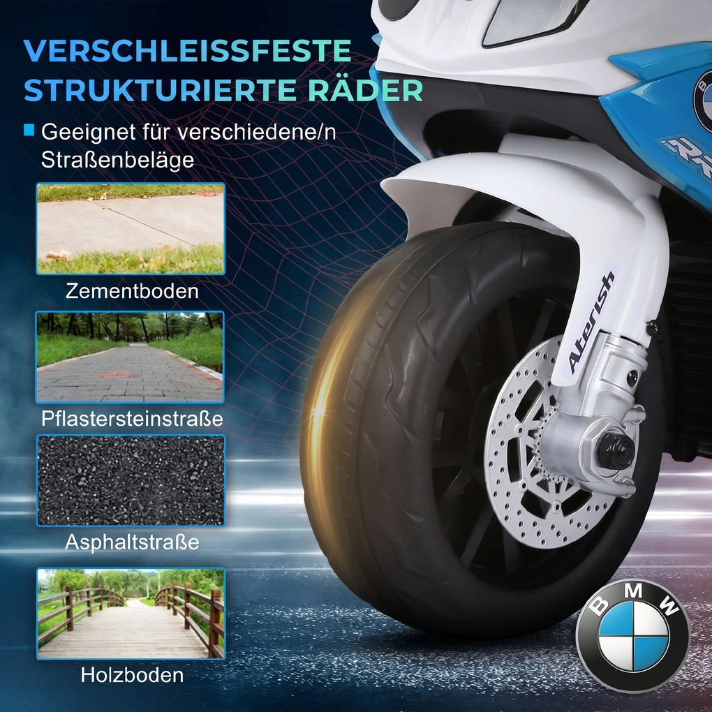HOMCOM Elektryczny motocykl dla dzieci BMW S1000RR 6V z reflektorem i muzyką 2,5 km/h dla dzieci 18–36 miesięcy Niebieski | Aosom PL