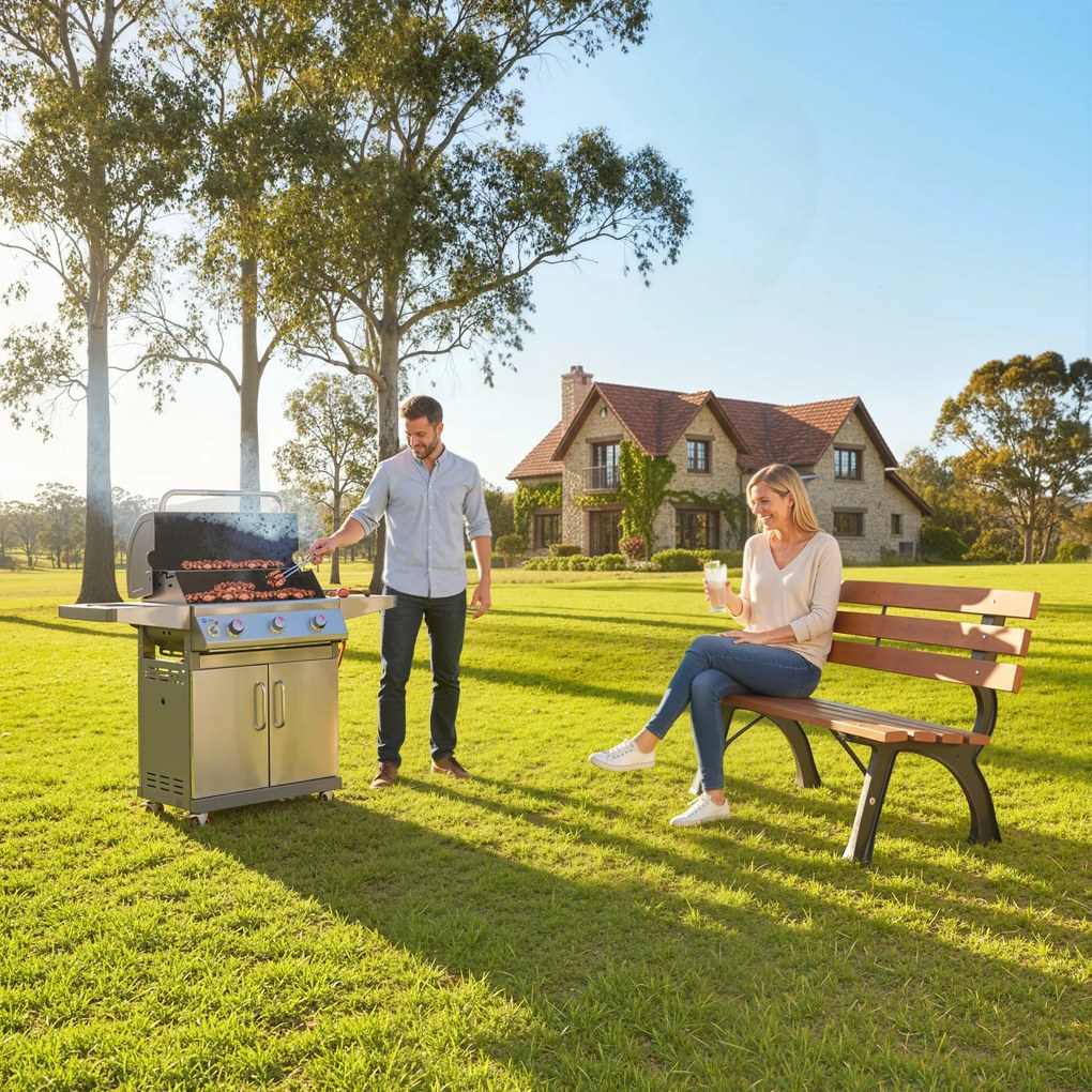 Outsunny Ławka dla 2 osób, do ogrodu i tarasu, Żeliwo + Drewno naturalne, 120 x 57 x 70 cm, Brązowy