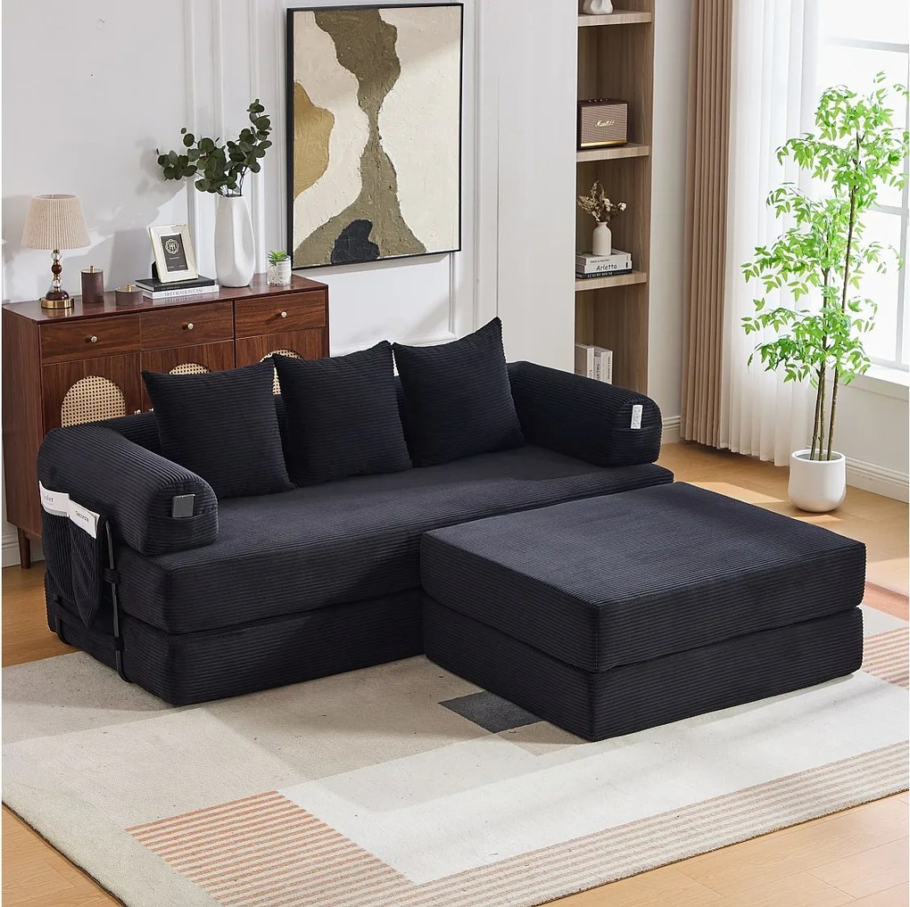 Sofa modułowa 3-osobowa - 200 x 190 x 67 cm - z 3 poduszkami + kieszeń boczna - sztruks - czarny