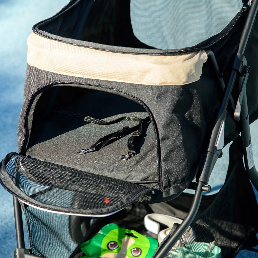 PawHut Składany wózek dla zwierząt, z ochraniaczem przeciwdeszczowym, 2 uchwyty na napoje, Niebieski + Khaki