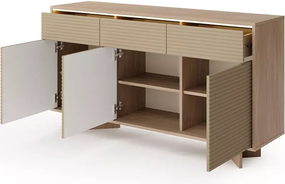 Komoda Parsja 3D3S 154 cm LED – komoda do salonu z szufladami, ryflowane fronty, bolivar naturalny / cappuccino, push-to-open