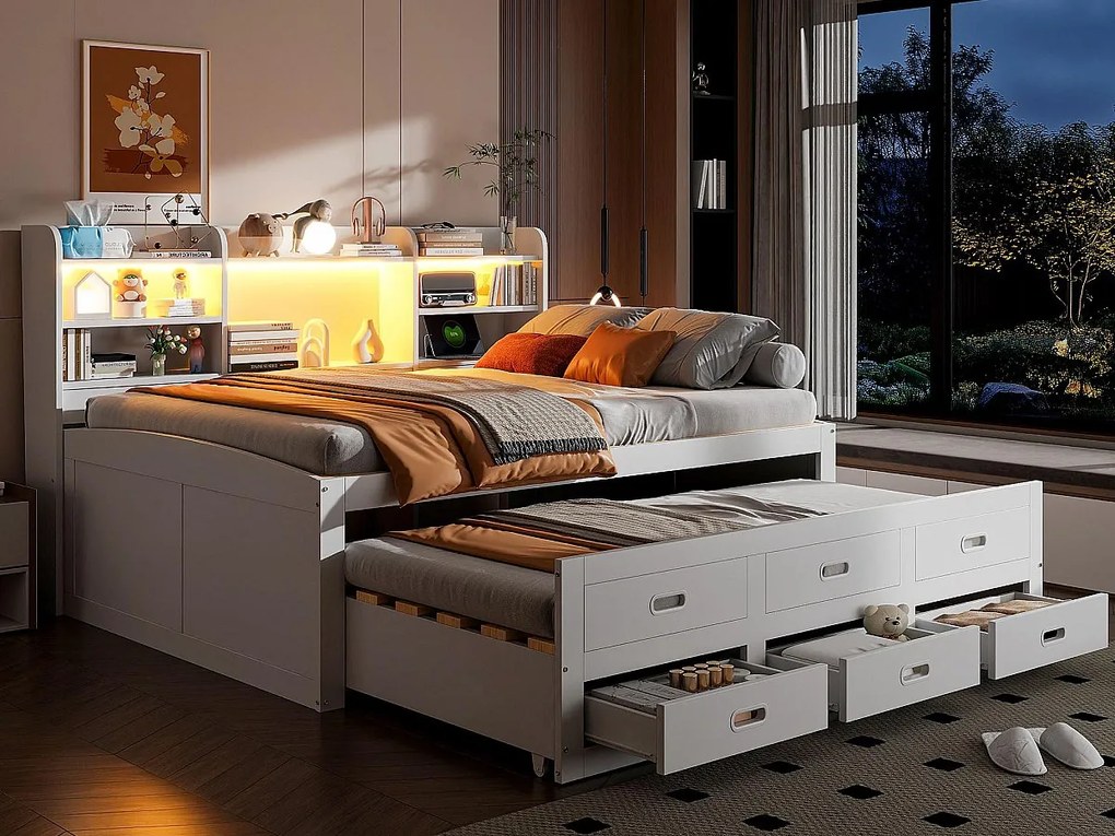 Kanapa rozkładana 140x200 cm - z oświetleniem LED - 3 szuflady - z USB + Type-C - biały (materac nie jest dołączony)