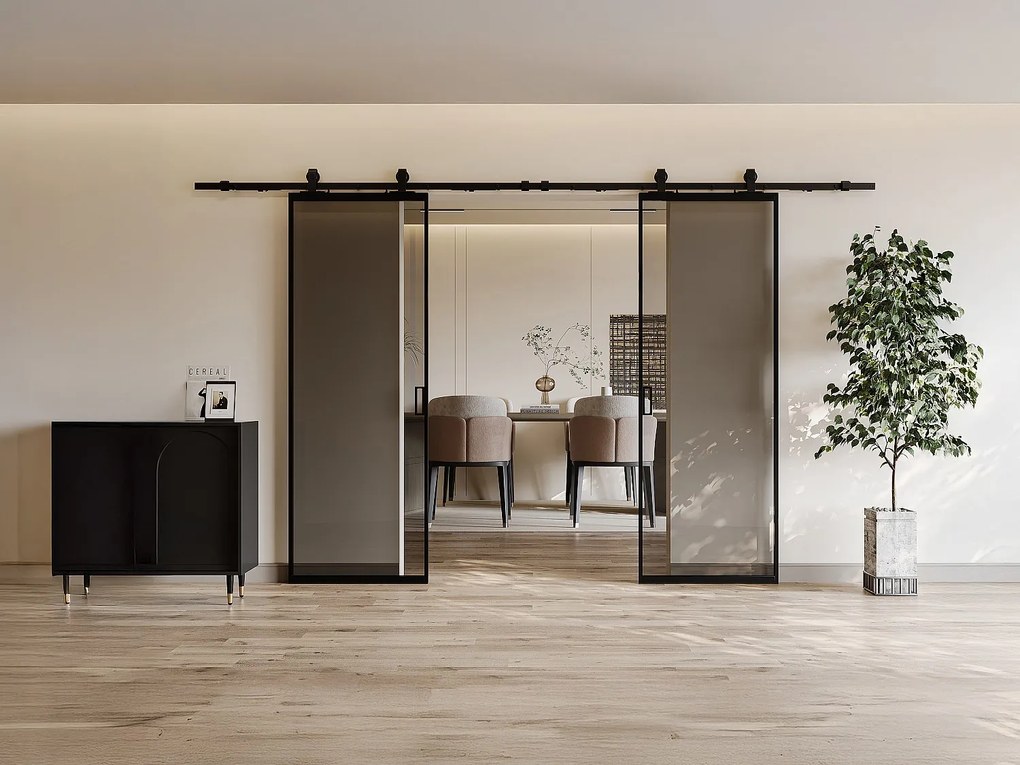 Drzwi przesuwne podwójne z ukrytym systemem przesuwnym – aluminium i szkło hartowane przydymione – 2 x wys. 205 x dł. 83 cm – LINCI II
