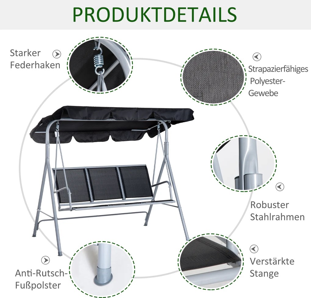 Outsunny Huśtawka Ogrodowa z Daszkiem 3 Osobowa Metalowa Czarno Srebrna Ławka Bujana z Ochroną Przed Słońcem 171x108x154cm | Aosom PL
