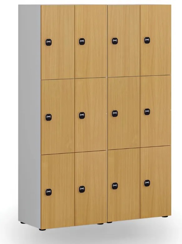 Drewniana szafka skrytkowa S4, 6 schowków, demontaż, zamek RFID, szary/biały