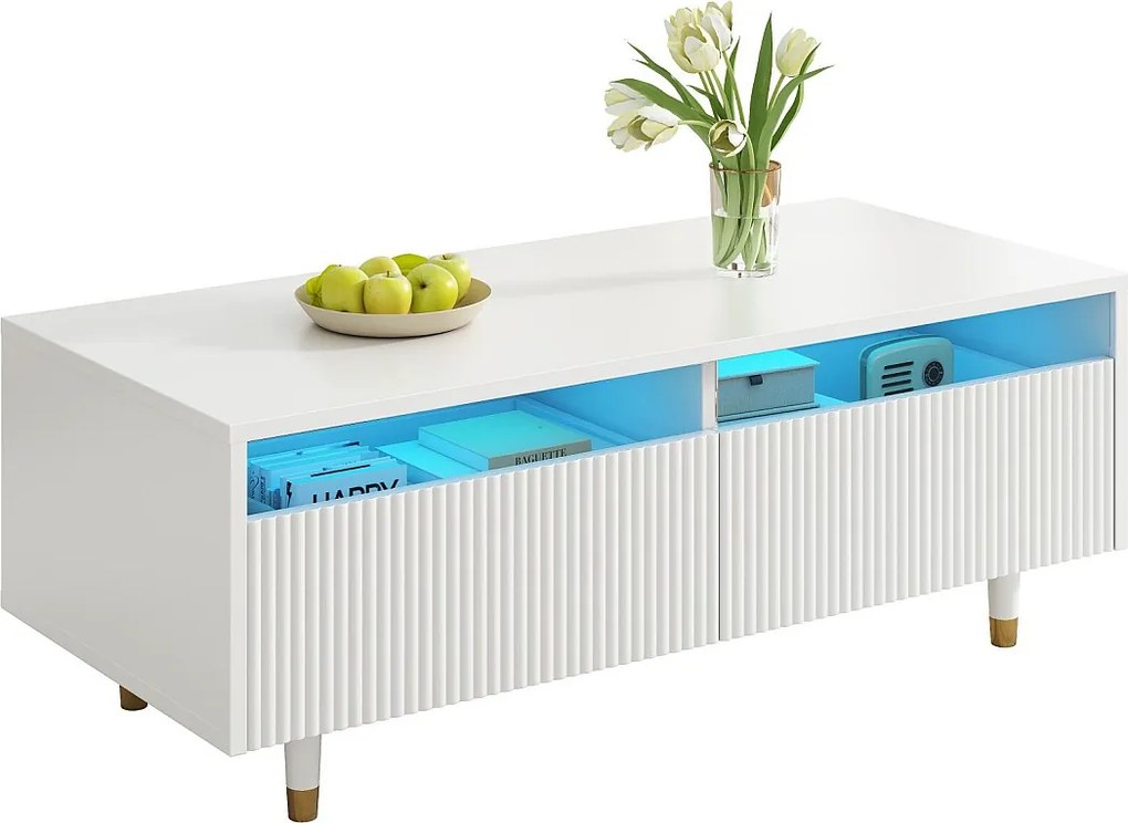 Nowoczesny stolik kawowy - 110 x 50 x 40 cm - z 2 szufladami + diody LED - MDF - biały