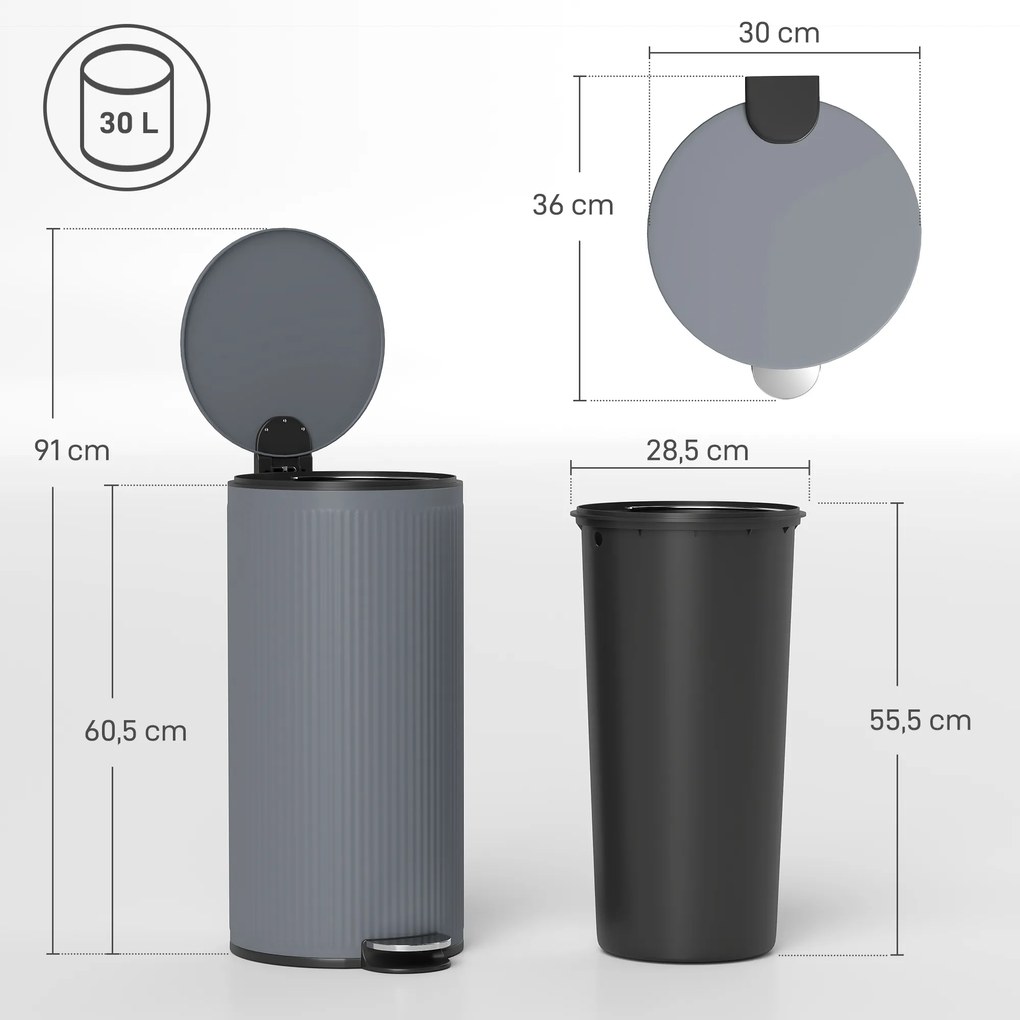 HOMCOM Kosz na śmieci 30 l z pedałem i miękką pokrywą, wkład metalowy, czarny, 36 x 30 x 60,5 cm