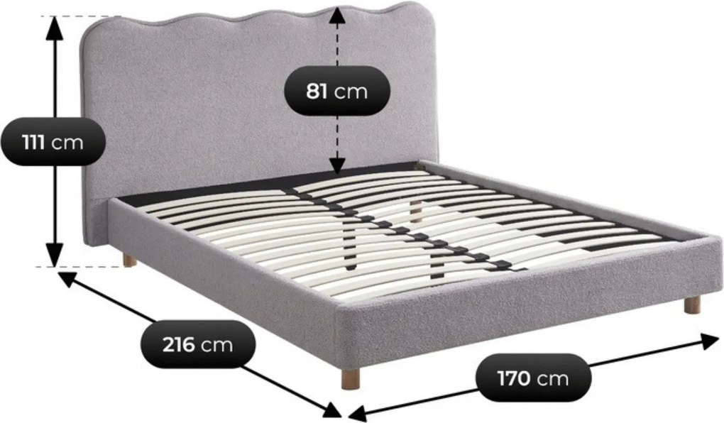 Łóżko Tapicerowane 160x200 cm IZMIR ze Stelażem Dwuosobowe Boucle Szare