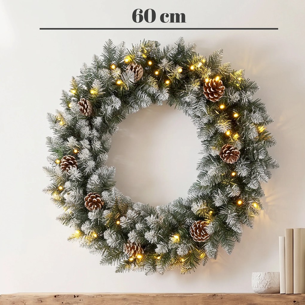 HOMCOM Wieniec świąteczny 60 cm oświetlony, wieniec drzwiowy z 50 LED, szyszki, sztuczny śnieg na Boże Narodzenie i adwent, drzwi wejściowe | Aosom PL