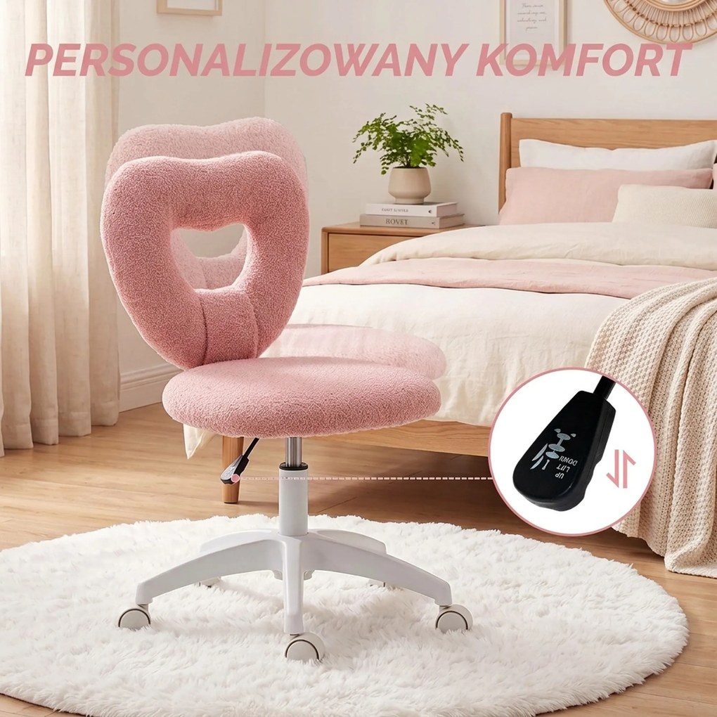 HOMCOM fotel biurowy różowy obrotowy z sercowatym oparciem pokryty miękkim polarem teddy wygodny dla domu | Aosom PL