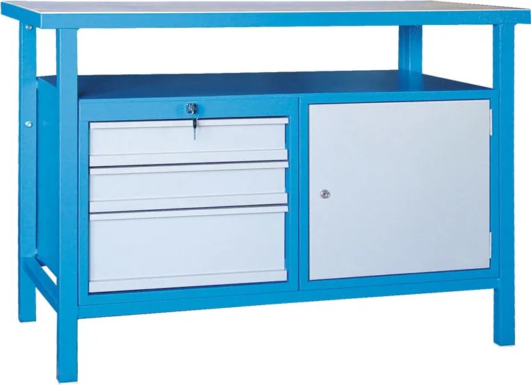 Stół warsztatowy GD, świerk + bukowa sklejka, 3 szuflady, 1 szafka, 1190 x 600 x 850 mm, szary