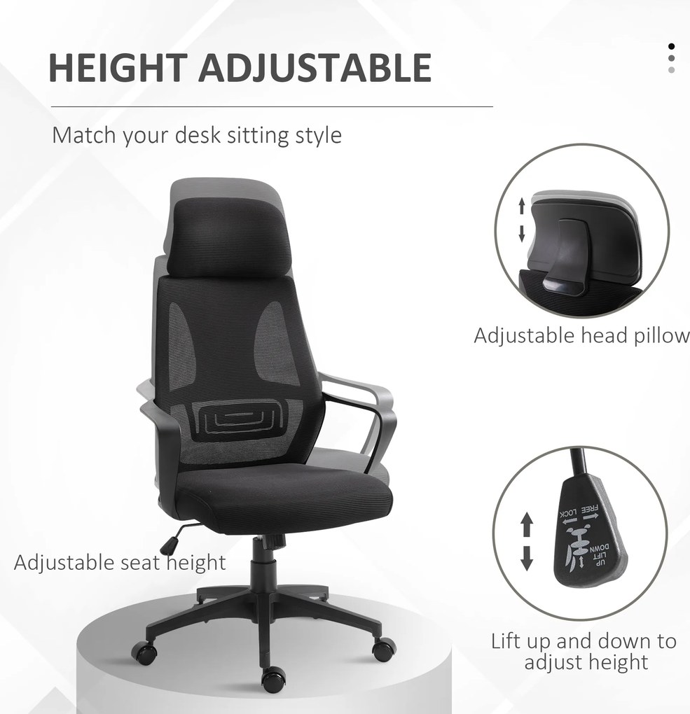 Vinsetto Krzesło Biurowe, Krzesło Biurkowe z Funkcją Bujania, Regulowane z Podparciem Głowy, Wsparciem Lędźwiowym - Czarny