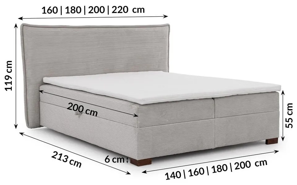 Jasnoszare łóżko kontynentalne ze schowkiem 200x200 cm Lysa – Ropez