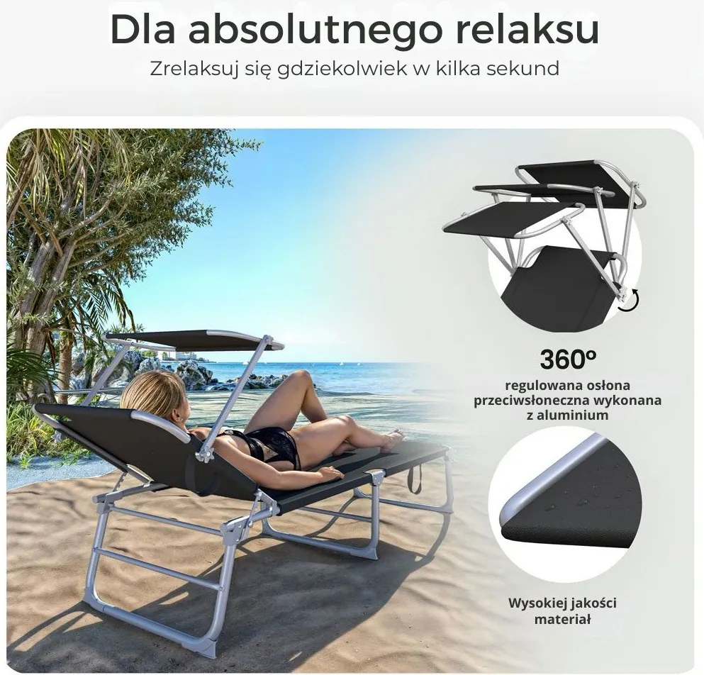 Leżak ogrodowy HAWAII z regulowanym daszkiem, 195x60x30cm, czarny Casaria