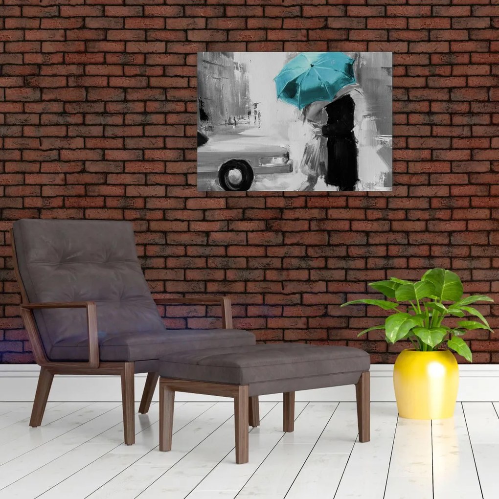 Obraz na szkle - Zakochana para z parasolem, niebieski (70x50 cm)