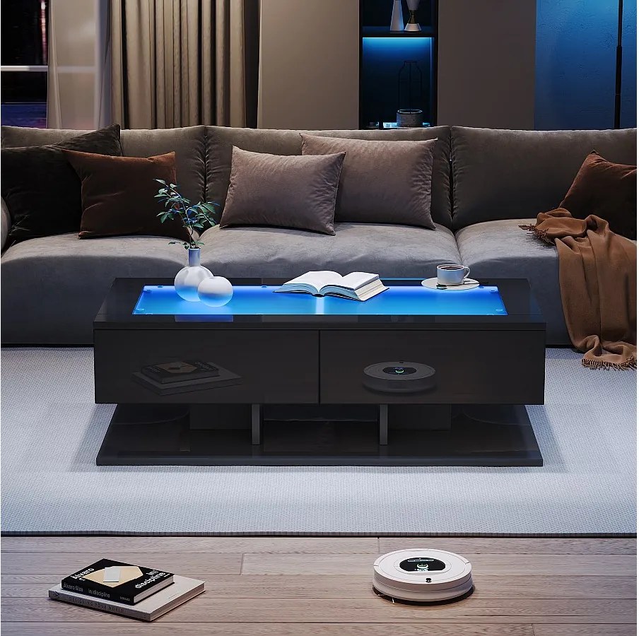 Stolik kawowy błyszczący - 100 x 50 x 35 cm - z 2 szufladami + diody LED - blat szklany - płyta wiórowa - czarny