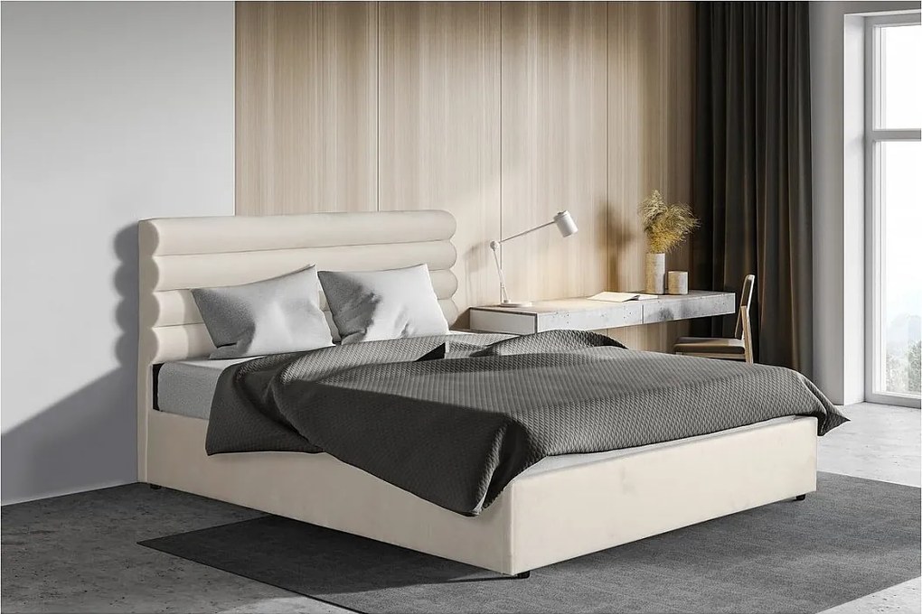 Podwójne łóżko z weluru "Livigno" - 140 x 190 cm - Beżowy z Schowkiem