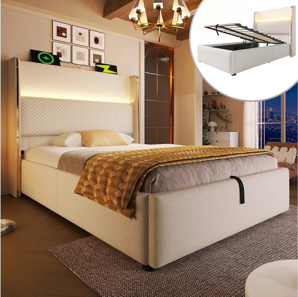 Łóżko z pojemnikiem 90 x 200 cm – łóżko pojedyncze z oświetleniem LED i portami USB/Type-C – beżowa pościel – materac nie jest wliczony w cenę