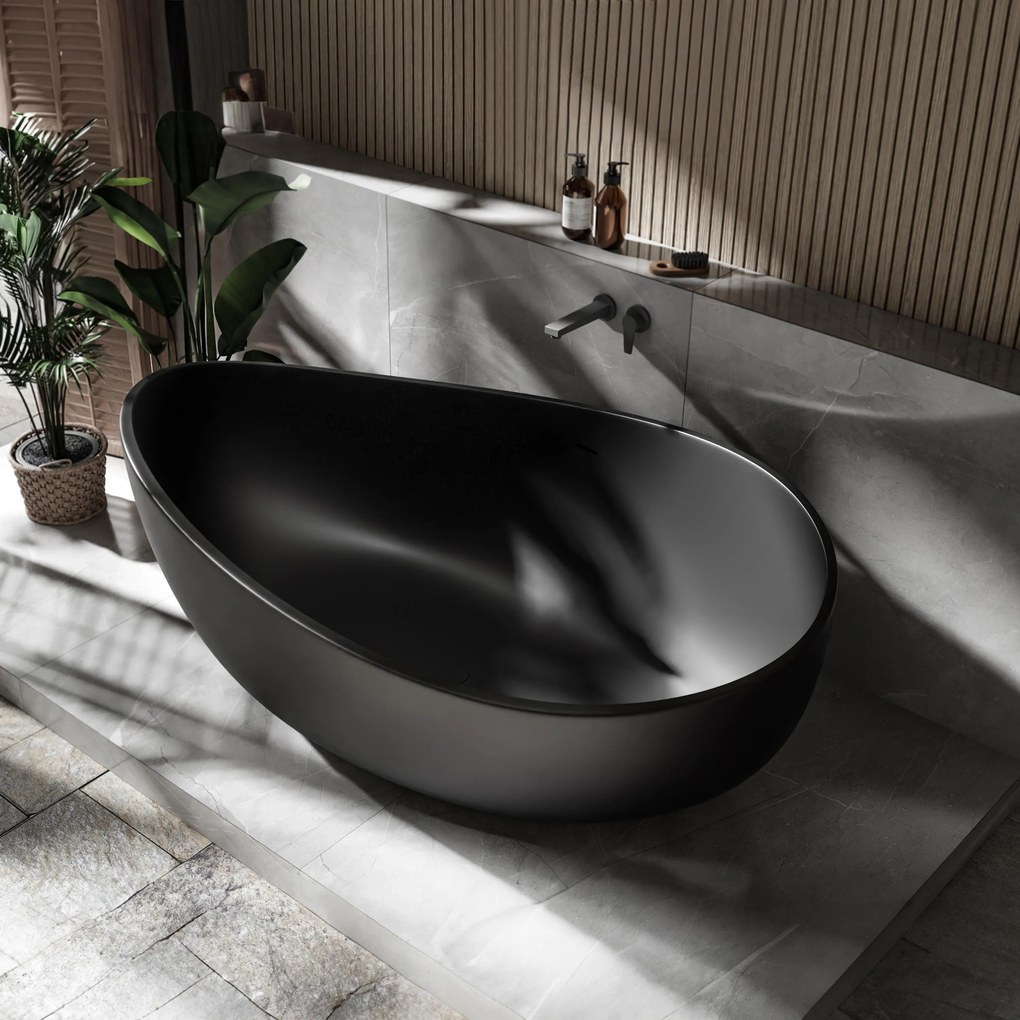 Wanna wolnostojąca WAVE konglomerat Solid SurfaceCzarny mat - 180 x 110 x 62 cm