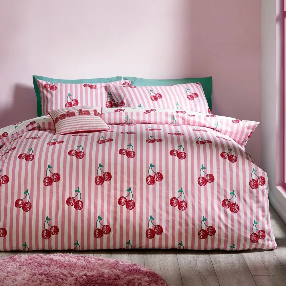 Biało-różowa pościel dwuosobowa 230x220 cm Disco Cherries Stripes – Catherine Lansfield