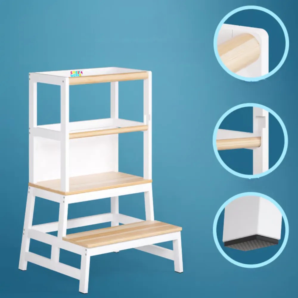 Spielwerk Wieża edukacyjna PLAY z drewna sosnowego, 93x56x49, biała/naturalny brąz