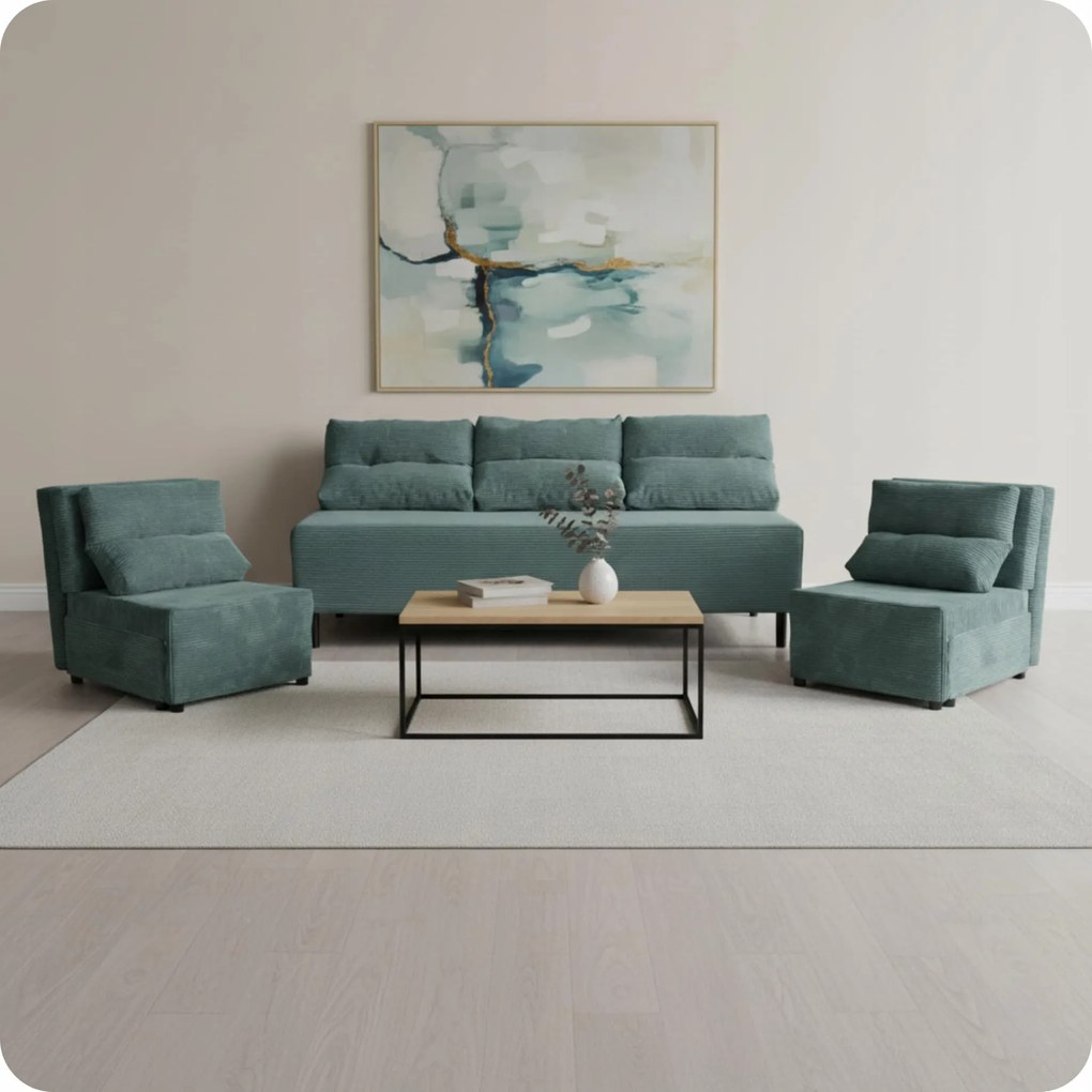 Zestaw KIMO funkcja spania sofa fotele Family Meble turkusowy Anafi sztruks