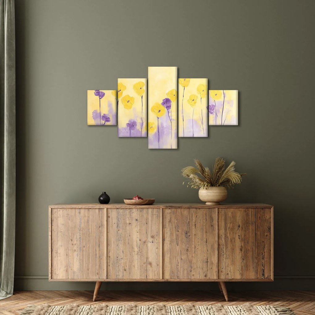 Obraz - Fioletowe i żółte kwiatuszki (125x70 cm)