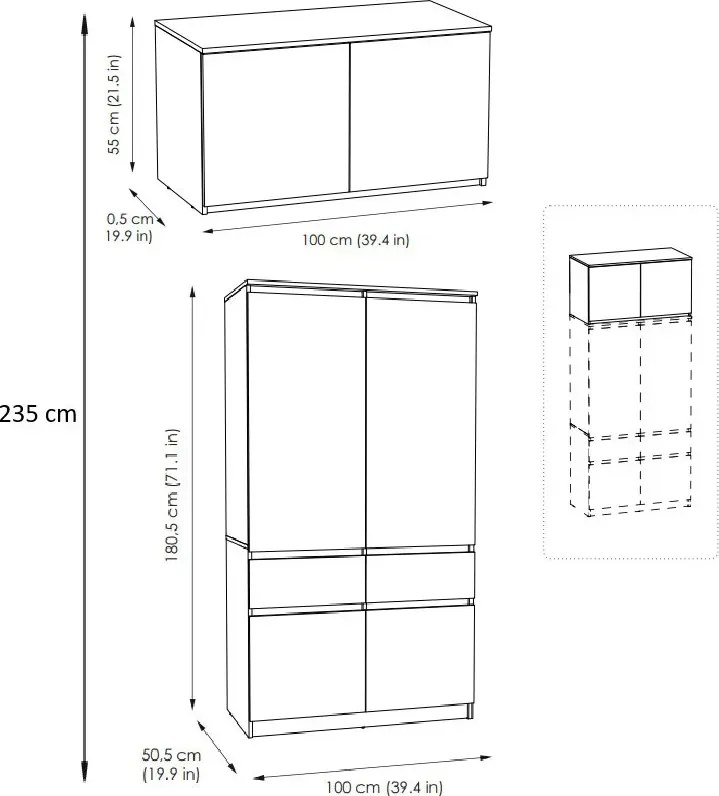 Biała minimalistyczna dwudrzwiowa szafa z nadstawką 100 cm  K6-T48