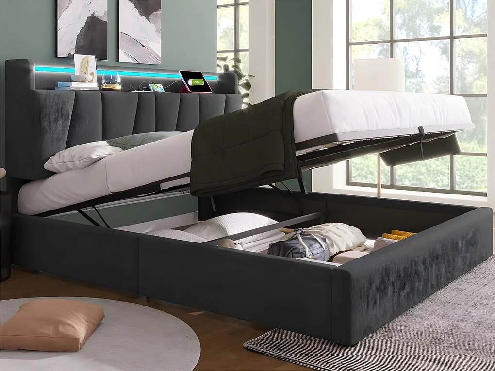 Łóżko 160x200cm - z LED i portami ładowania - tkanina lniana - Szary