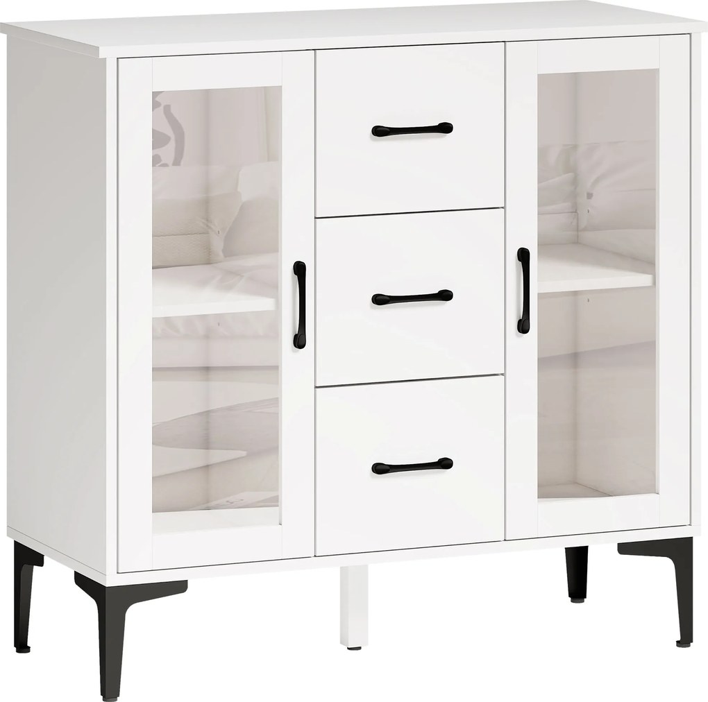 HOMCOM Nowoczesny sideboard z drzwiami z cichym domykaniem, kredens z 3 szufladami i 2 drzwiami ze szkła, regulowane półki, MDF, biały