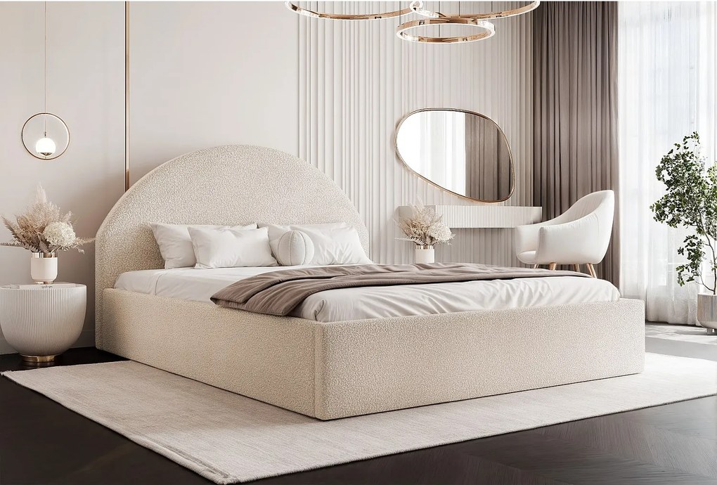 BESILIO Łóżko tapicerowane Boucle 180x200 Velora- stelaż listwowy, wezgłowie, pojemnik, łóżko slim - Kremowy