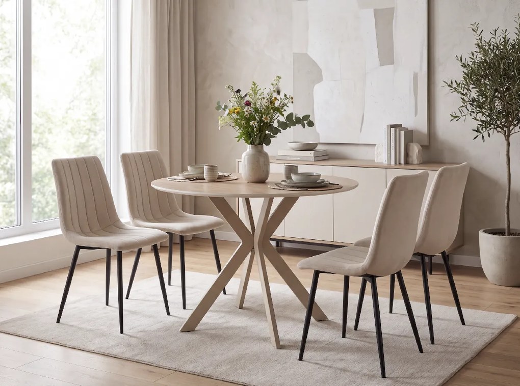 Okrągły stół jadalniany TALIA 90 cm z ceramicznym blatem z trawertynu, beżowy
