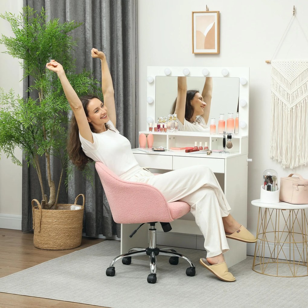 HOMCOM Fotel biurowy, ergonomiczny z funkcją bujania, w wyglądzie futra teddy 56 x 61 x 86 cm Różowy