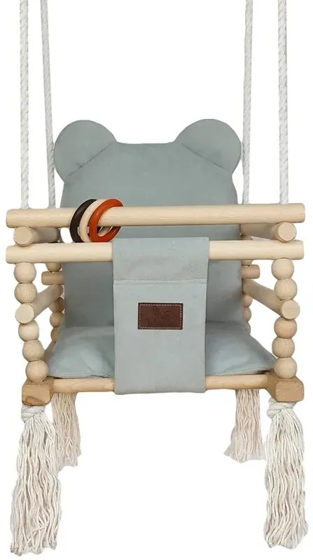 Drewniana huśtawka z welurowym oparciem srebrna N5-S48