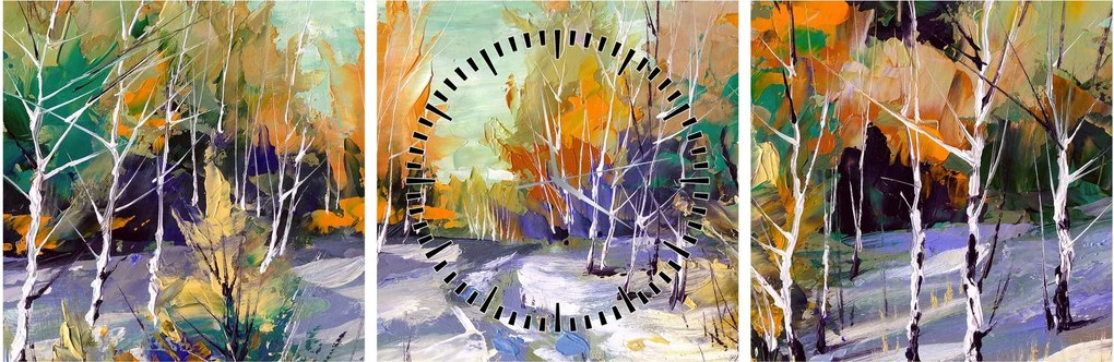 Obraz - Zaśnieżona ścieżka przez las, obraz olejny (z zegarem) (90x30 cm)