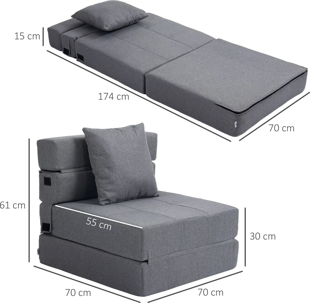 HOMCOM Rozkładana sofa Zdejmowany do czyszczenia Maksymalne obciążenie 100kg 70 cm x 70 cm x 61 cm Ciemnoszary | Aosom PL