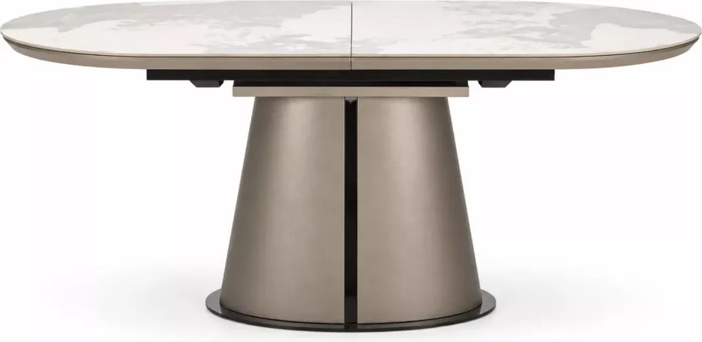 Owalny stół Rogins 160-200x90 cm – rozkładany z blatem z ceramiki beżowy marmur / cappuccino / czarny