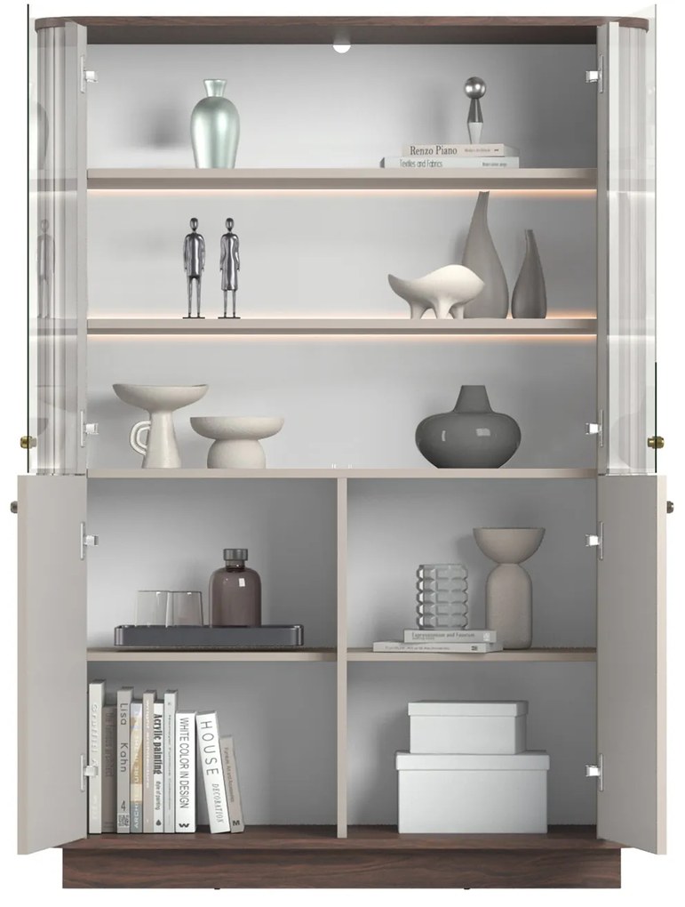 Witryna Vesper 103 cm czterodrzwiowa na cokole - kaszmir / orzech / złote uchwyty