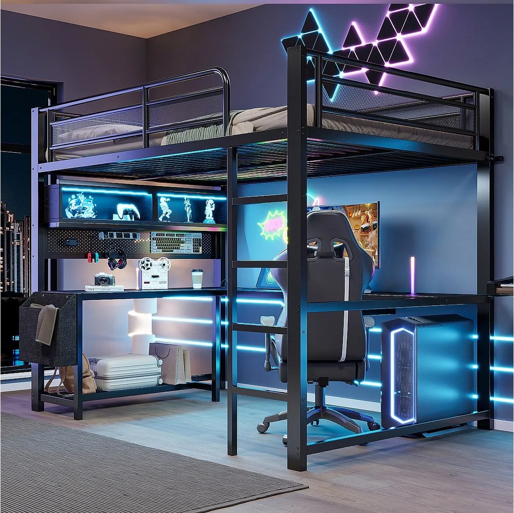 Łóżko piętrowe 140 x 200 cm z biurkiem narożnym, schowkiem, oświetleniem LED, gniazdkami i portami USB - MDF i metal - czarne (materac nie jest wliczony w cenę)