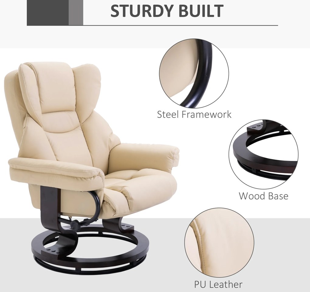 HOMCOM Fotel wypoczynkowy z Hockerem obrotowy do 160 kg ekoskóra rama metalowa kremowy | Aosom PL