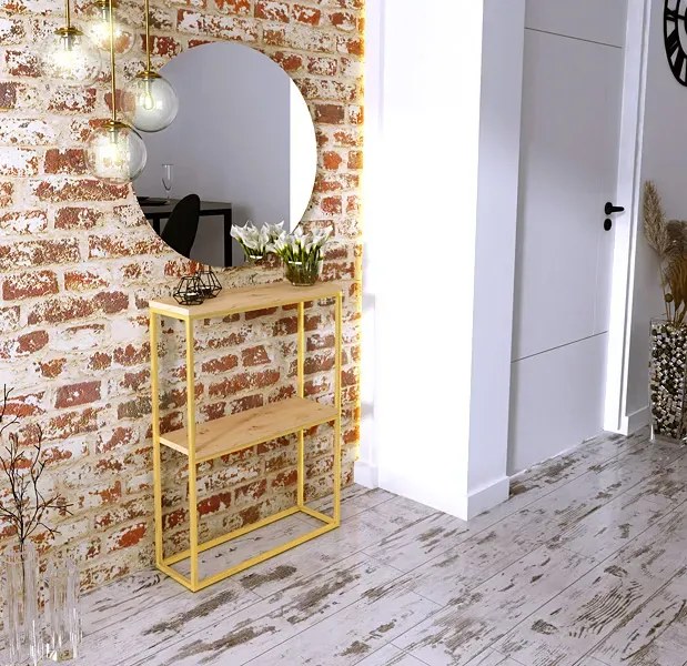 Nowoczesna konsola z metalowym stelażem złoty + dąb artisan A8-F18