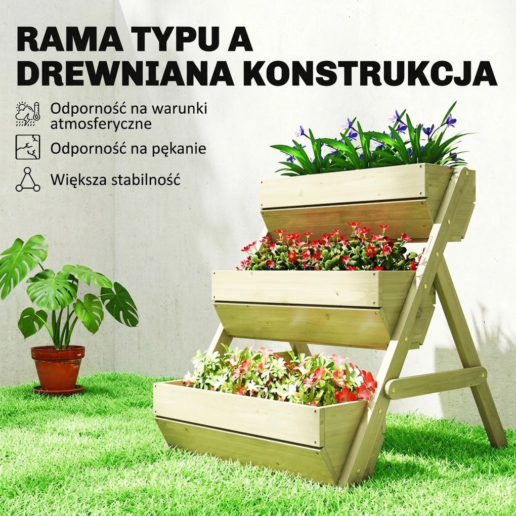 Outsunny Pionowa grządka z 3 poziomami, drewniana donica z 3 skrzynkami i otworami drenażowymi, zielona | Aosom PL