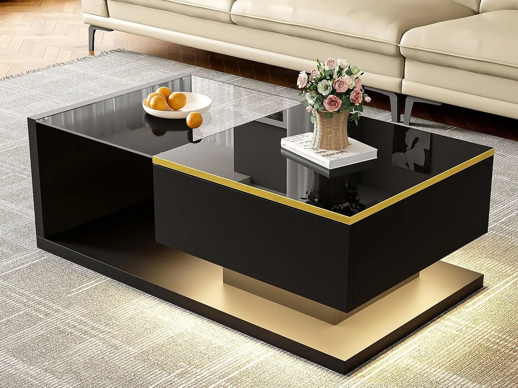 Nowoczesny stolik kawowy ze szkła z oświetleniem LED – płyta wiórowa – czarny