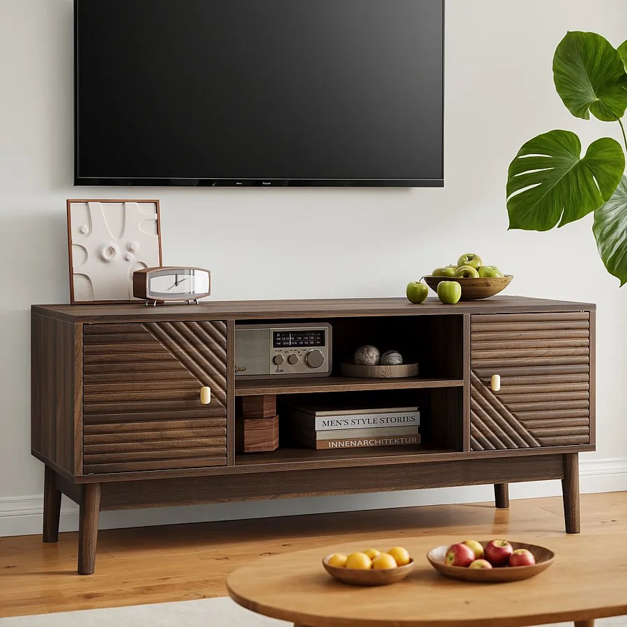 Stolik pod TV 110 cm z 2 drzwiami i otwartą przestrzenią do przechowywania, orzech - do salonów i sypialni