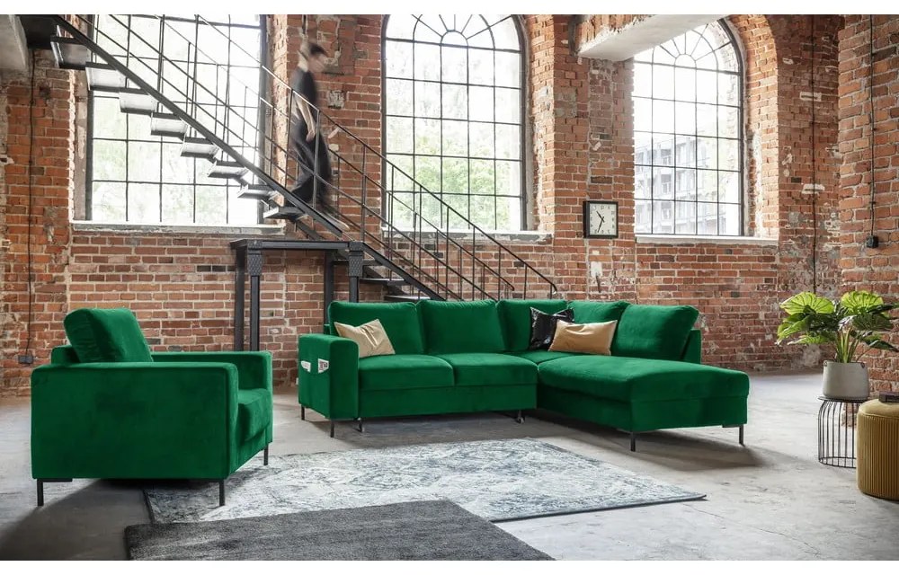 Ciemnozielony aksamitny rozkładany narożnik (prawostronny) Lofty Lilly – Miuform