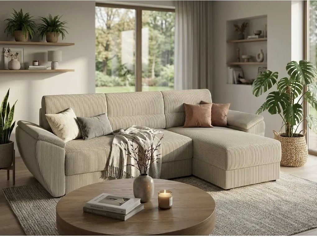 Rozkładana narożna sofa TAVERO 251x140 cm, jasnobeżowa, uniwersalna