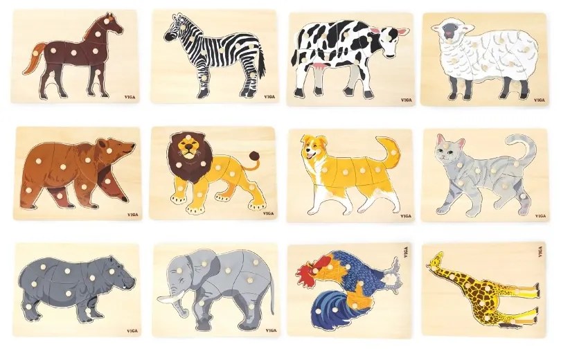 Viga zestaw puzzle drewniane 12 układanek zwierzątka montessori + stojak
