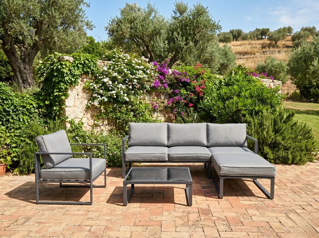 Zestaw Mebli Ogrodowych (Duża 3os. sofa, fotel, pufa i stolik) MOSTRARE szary, aluminium